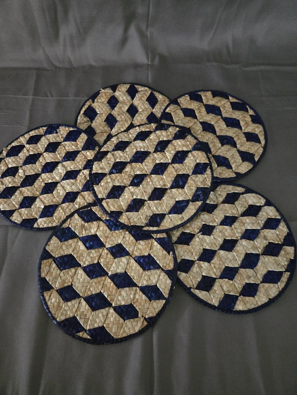 Vintage Woven Straw Rattan Raffia Hot Pads Trivet Set of 6 Blue And Tan